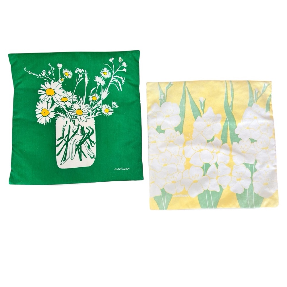 Set of 2 Marushka Pillow Covers 15" x 15" Green Flower Vase Yellow White Flowers